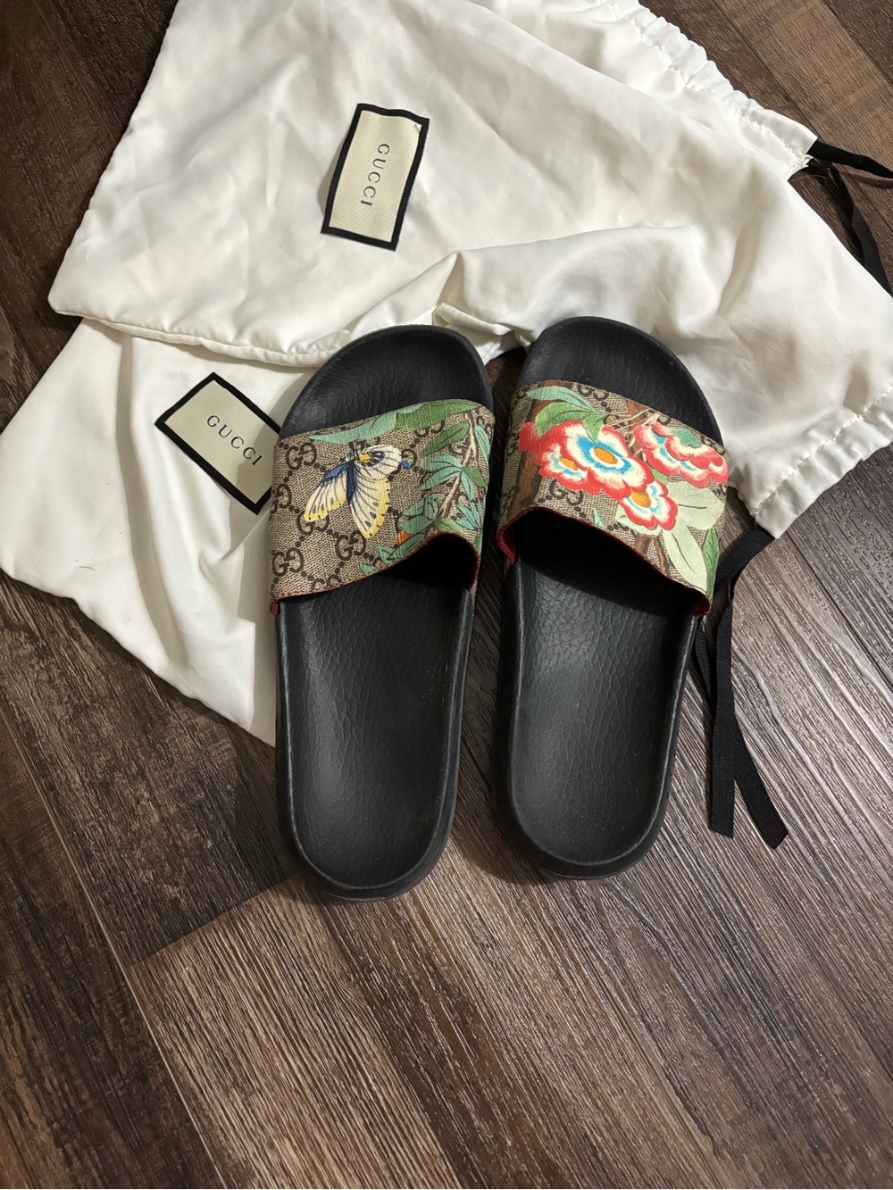 Gucci Black Slide Sandals with Multicolor Floral & Butterfly Print
